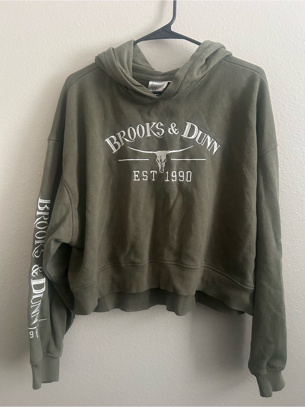 Brooks & Dunn Olive Green Cropped Hoodie with White Logo women’s side XL